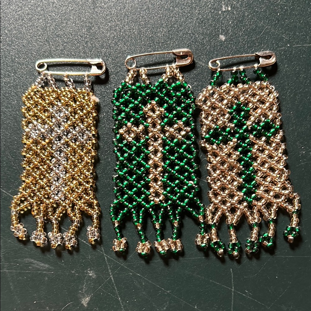 Beaded Safety Pin Brooch Set in Gold, Green, and Silver